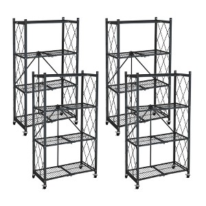 Origami 4 Tier Multipurpose Folding Storage Unit Rolling Organization Rack Bundled with Set of 4 Magnetic Wire Shelf Waterproof Liners, Black - 1 of 4