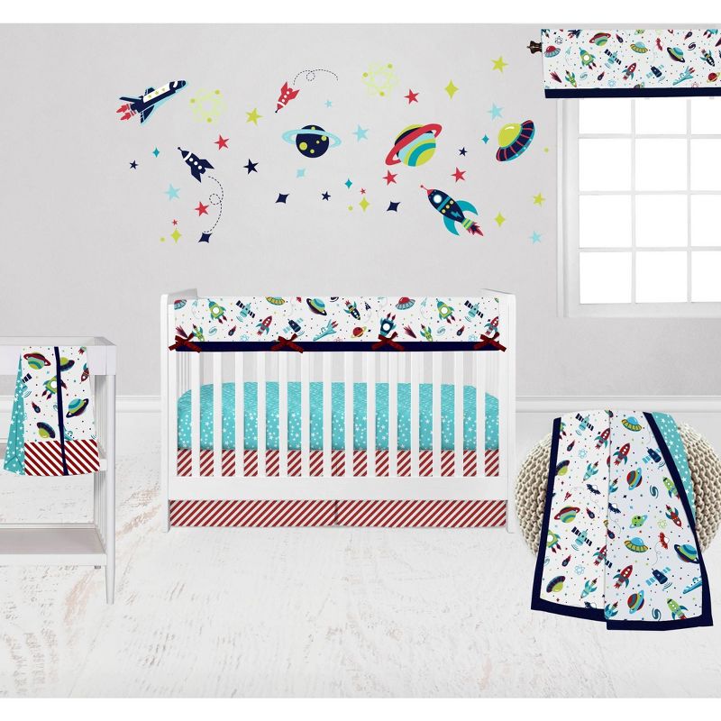 Bacati - Airspace Aqua Navy Green Red 6 pc Crib Bedding Set with Long Rail Guard Cover, 1 of 10
