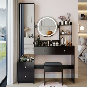 FONTOI 43.3"W Makeup Vanity Table with Full Body Mirror Cabinet Cushioned Stool Capacity Storage for Bedroom Dressing Room, White/Black - 1 of 4