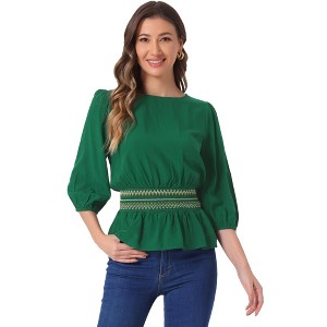 INSPIRE CHIC Women's 3/4 Sleeve Round Neck Smocked Waist Peplum Blouse - 1 of 4