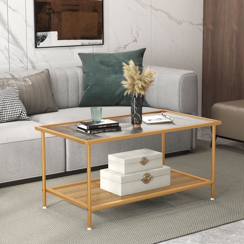 Costway 2-Tier Coffee Table with Shelf with Tempered Glass Top & Metal Frame Living Room, 5 of 11
