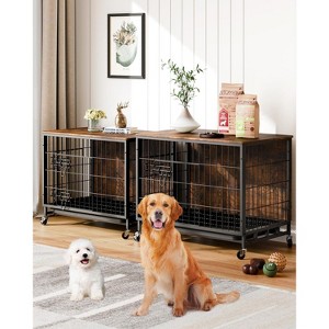 Wooden Dog Crate Furniture with Wheels and Double Door – Modern Pet House, Removable Tray, Stylish End Table for Living Room, Bedroom, and Outdoors - 1 of 4