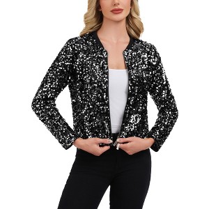 Anna-Kaci Women's Sequin Bomber Jacket with Zipper Front and Ribbed Trim - 1 of 4
