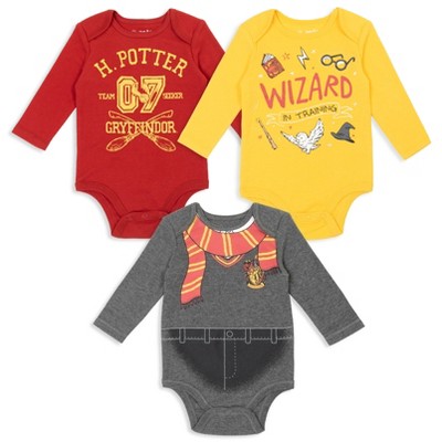 Image of Harry Potter Newborn Baby Boys 3 Pack Bodysuits Red / Yellow / Grey Newborn