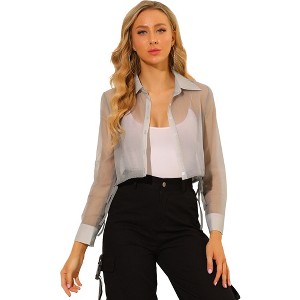 INSPIRE CHIC Women's Button Front Drawstring Hem Point Collar Mesh Sheer Long Sleeve Shirt - 1 of 4