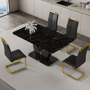 NicBex 5 PCS/7 PCS Black Marble Pattern MDF Dining Table Set,4/6 PU Chairs with C-Tube Gold Metal Legs for Dining Meeting Room - 1 of 4
