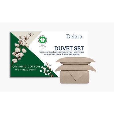 Delara GOTS Certified 100% Organic Cotton Duvet Cover Set 400TC, Moisture-Wicking, Smooth & Breathable Duvet for Hot Sleepers, Queen - Natural