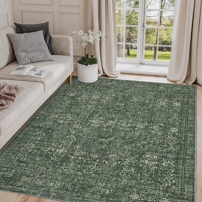 Washable Area Rugs, Non-Slip Large Indoor Carpet, Stain Resistant Oriental Distressed Carpet, Traditional Floral Area Rug for Living Room Bed Room