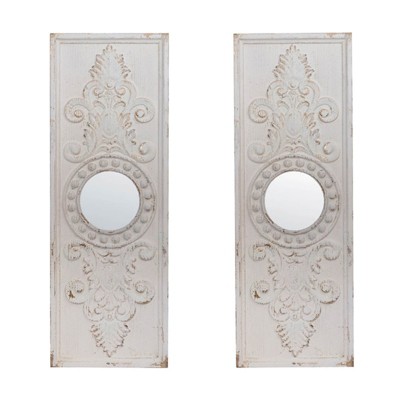 VisioGear Set of 2 Large Wooden Wall Art Panels with White Finish and Round Mirror Accents, White, 17"*48"*1.2"