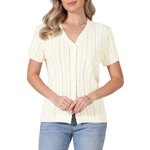 INSPIRE CHIC Women's Eyelet Stripe Summer V Neck Short Sleeve Knit Button Down Shirts - 1 of 4