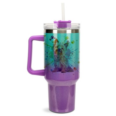 100 North 40 Ounce Stainless Steel Double Wall Insulated Ombre Glitter Travel Tumbler With Handle, Straw, and Lid, Yorkshire Terrier Teal and Purple