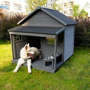 44.6" Large Wooden Outdoor Dog House with Lockable Door & Terrace, Weatherproof Solid Wood Cabin with Asphalt Roof - Nertpow - 1 of 4