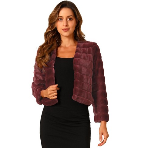 Allegra K Women's Winter Warm Cropped Collarless Faux Fur Fluffy Jacket ...
