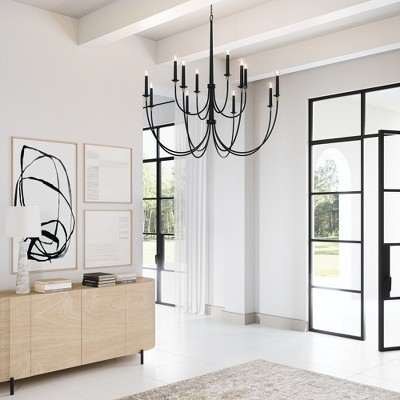 Matte Black and Brass 12-Light Grand Chandelier