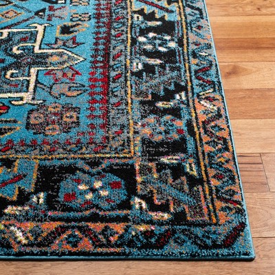 Vintage Hamadan Light Blue & Black Geometric Synthetic Rug