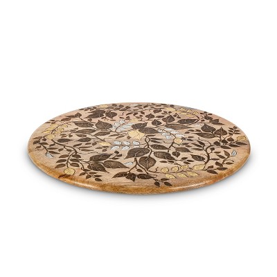 GG Collection Mango Wood with Laser and Metal Inlay Leaf Design Lazy Susan.