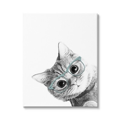 Stupell Monochrome Cat with Glasses Peeking Gallery Wrapped Canvas Wall Art