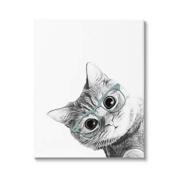 Stupell Monochrome Cat with Glasses Peeking Gallery Wrapped Canvas Wall Art