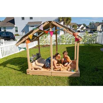 Funphix Dig n’ Play Wooden Sandbox Playhouse with Bench & Flower Planter, Outdoor Sand Pit for Kids