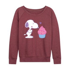 Women's - Peanuts - Snoopy Heart Cupcake Lightweight French Terry Wide Neck Long Sleeve Shirt - 1 of 4
