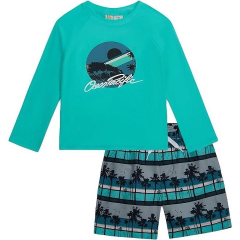 Ocean Pacific Big Boy's Rash Guard And Trunks Swimsuit Set, L/S Mint, 10/12