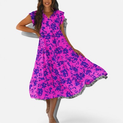 Amaryllis Women's Floral Tiered Midi Dress with Ruffle Cap Sleeves Button-Front Design Flowy Fit
