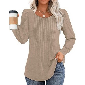 Long Sleeve Shirts For Women Fall Fashion 2025 Womens Tunic Tops Pleated Crew Neck Puff Sleeve Blouses Dressy Casual - 1 of 4