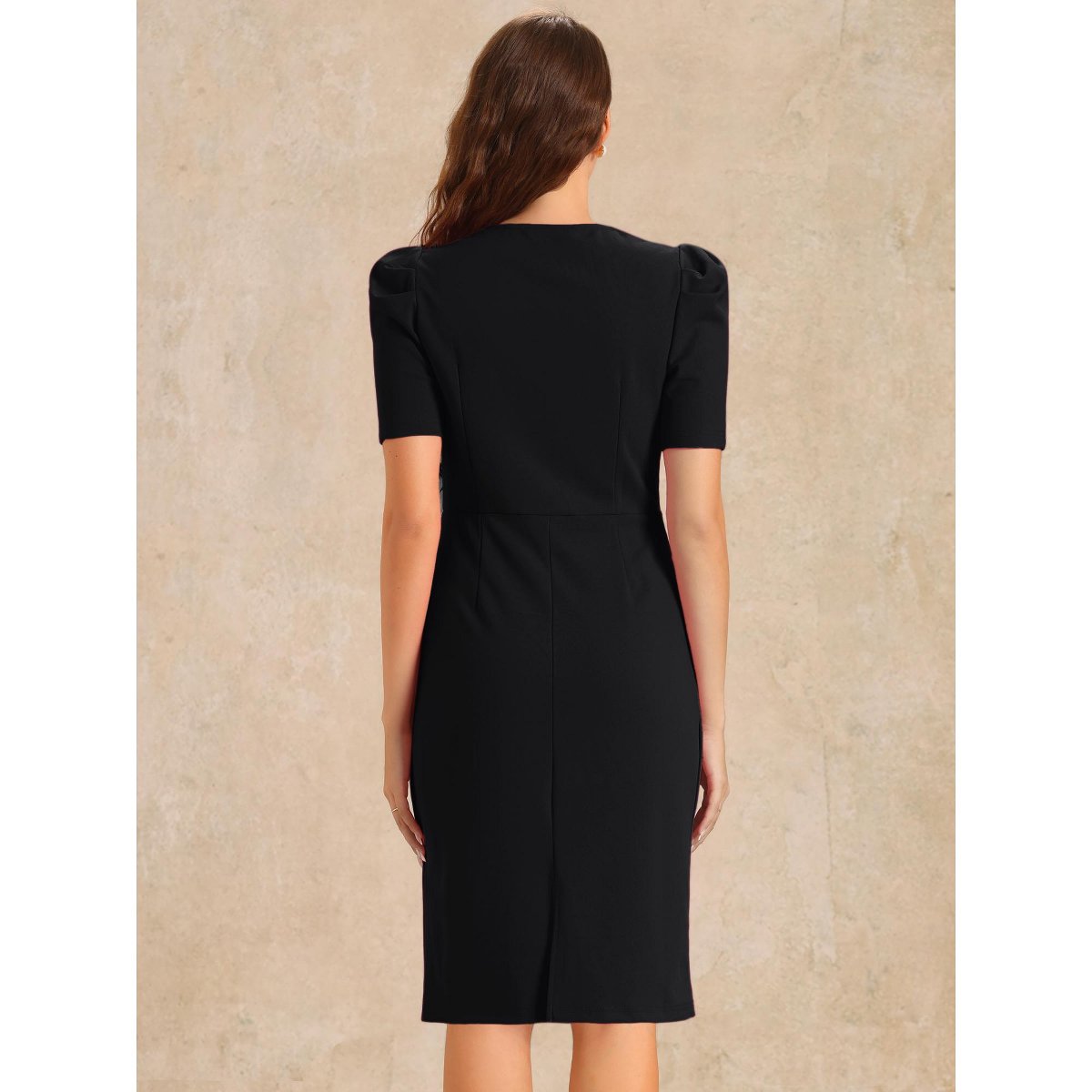 Женские платья INSPIRE CHIC Women's Square Neck Puff Sleeve Rear Slit Knee Length Business Pencil Dress X-Small Black — фото 5
