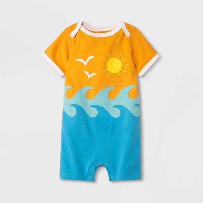 Baby Seascape Applique Romper - Cat & Jack™ Light Orange 3-6M