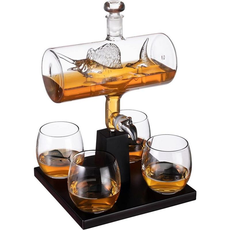 The Wine Swordfish & Sailfish Whiskey & Wine Decanter Set Includes 4 Whiskey Glasses Laid on A Beautiful Base, Stylish Home Décor, 1 of 7