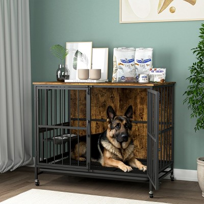 LAOTIES Modern Wooden And Metal Dog Crate Furniture,Double Door Kennel With Lift Top,Removable Tray And Feeding Bowls
