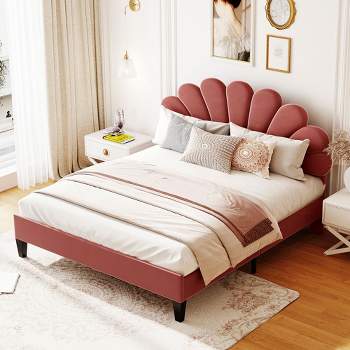 Upholstered Wood Platform Bed with Flower Pattern Velvet Headboard-ModernLuxe