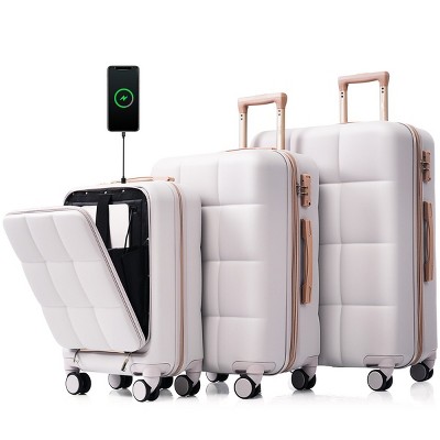Hardshell Luggage Set,3-Piece Lightweight Suitcases (20"/24"/28") with Spinner Wheels,Cup Holder,20" Front Opening Carry-On with USB Port–Cuddlewood