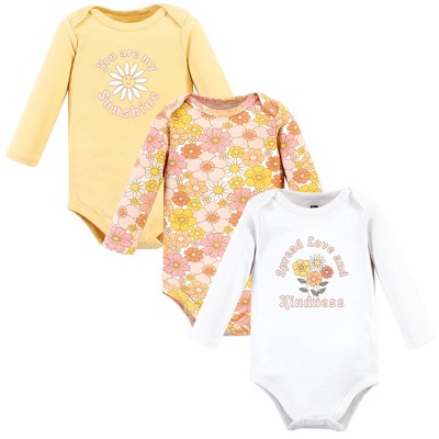 Hudson Baby Infant Girl Cotton Long-Sleeve Bodysuits, Peace Love Flowers, Newborn