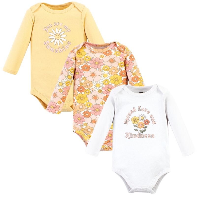 Hudson Baby Infant Girl Cotton Long-Sleeve Bodysuits, Peace Love Flowers, 1 of 6
