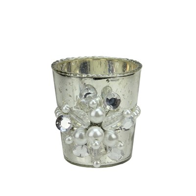 Napa Home & Garden 3" Glamour Time Hayworth Platinum Silver Glass Votive Candleholder with Pearl Jewel