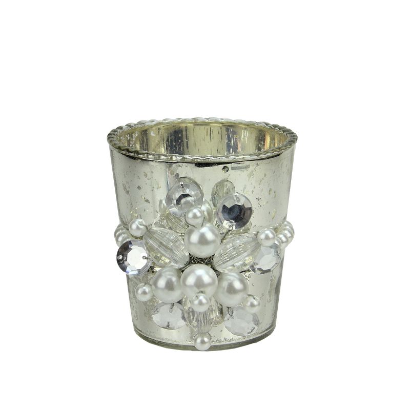 Napa Home & Garden 3" Glamour Time Hayworth Platinum Silver Glass Votive Candleholder with Pearl Jewel, 1 of 2