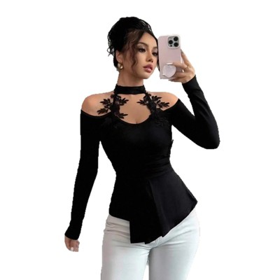 Women's Off-Shoulder Blouse Lace Sleeve Peplum Top
