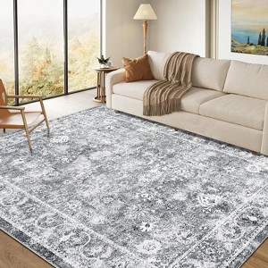 Vintage Floral Washable Area Rug - Non-Slip Thin Indoor Carpet with Distressed Print for Living Room, Bedroom & Dining Room - 1 of 4