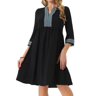 INSPIRE CHIC Women's Contrast Color Babydoll V Neck 3/4 Sleeves Loose Fit Flowy Beach Dress with Pocket