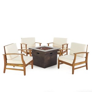 GDFStudio Easter Outdoor Acacia Wood 5 Piece Club Chair and Fire Pit Set with Cushions - 1 of 4