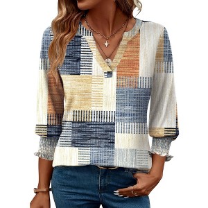 Women's 2025 Fashion 3/4 Sleeve Blouse Floral V-Neck Ruffled Top Business Casual Summer Lightweight Tee Shirt - 1 of 4