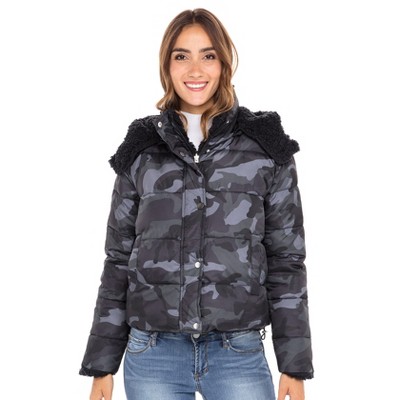 Sebby Collection Women s Puffer Jacket Reversible to Cozy Faux Fur with Hood Camo Black X Large