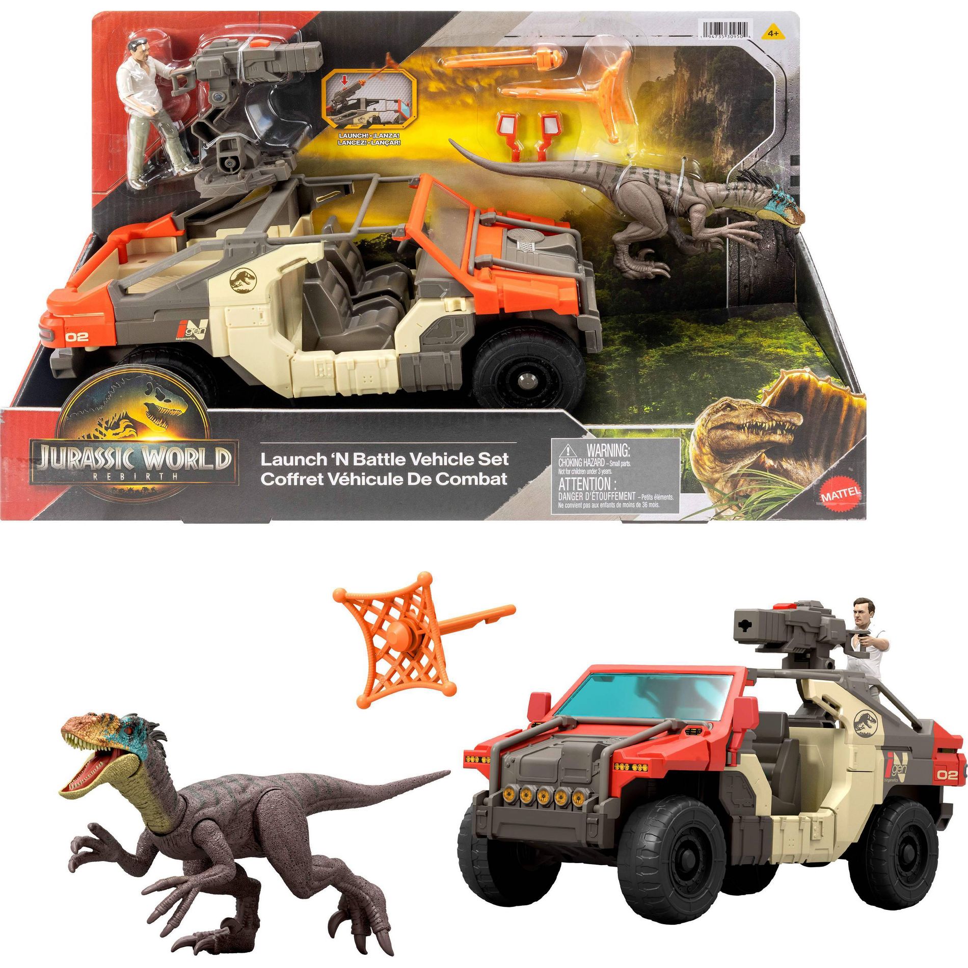 Jurassic World Rebirth Launch ‘N Battle Vehicle with 1 Human & 1 Raptor Figure, Turret & Projectiles