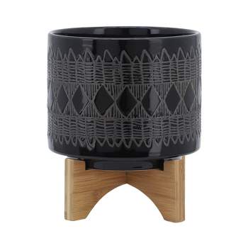 Sagebrook Home with Wooden Stand Aztec Ceramic Indoor Outdoor Planter Pot Black