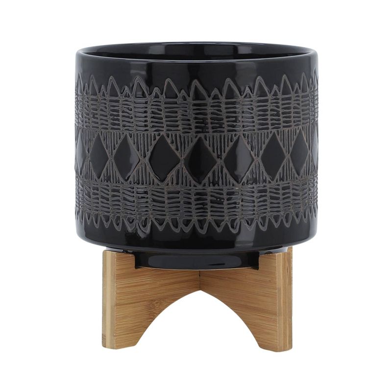 Sagebrook Home with Wooden Stand Aztec Ceramic Indoor Outdoor Planter Pot Black, 1 of 9