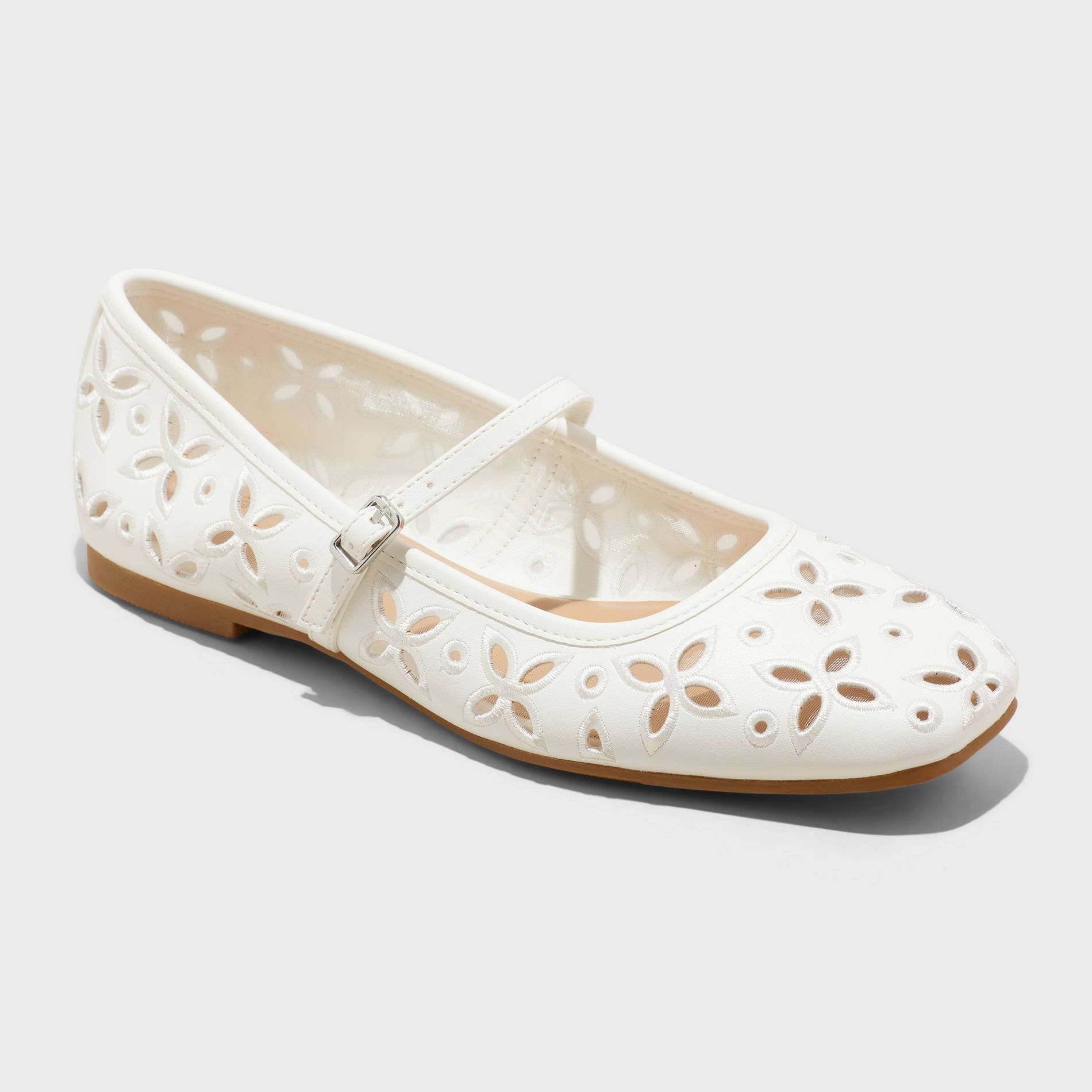 Women's Elsa Eyelet Mary Jane Ballet Flats with Memory Foam Insole - Wild Fable™ White 8: Faux Leather, Buckle Closure