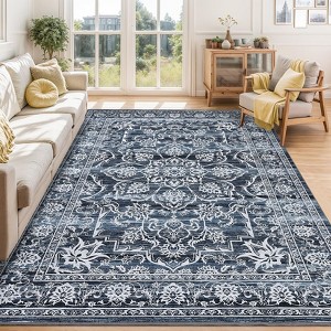 Vintage Machine Washable Area Rug for Living Room Kitchen Non Slip Non Shedding Distressed Floral Printed Carpet - 1 of 4