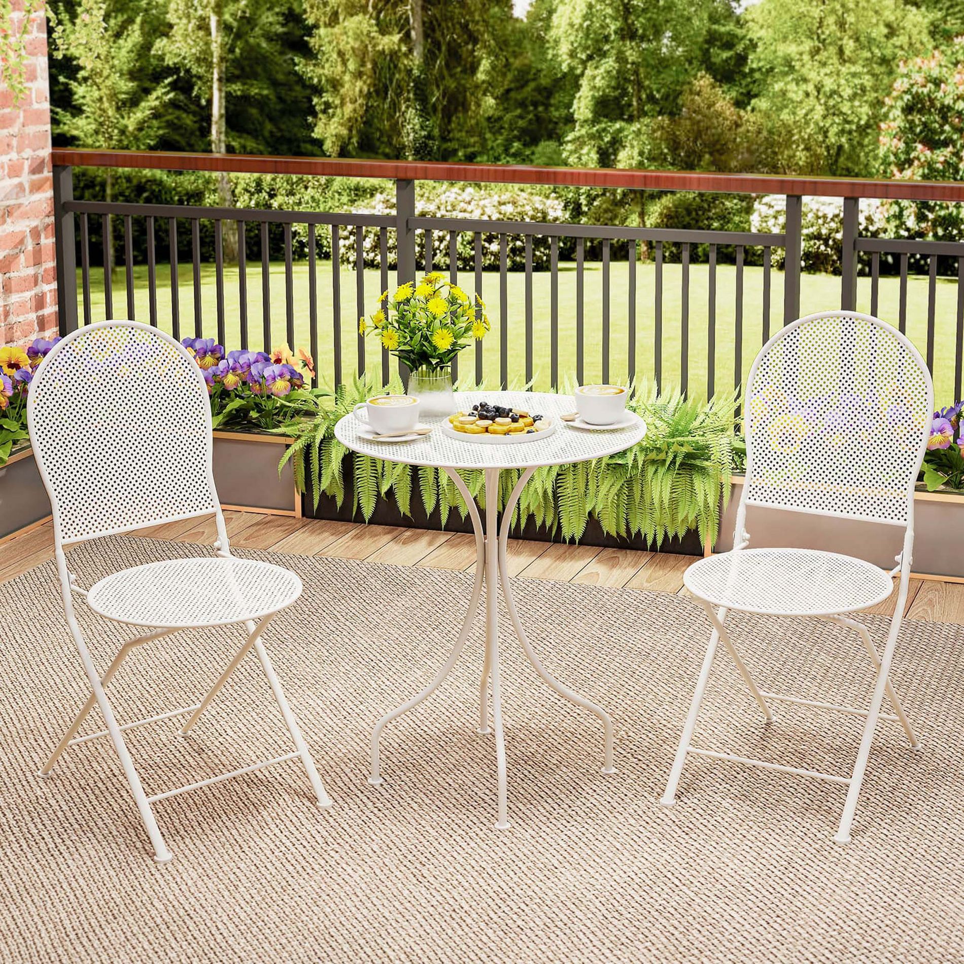 Costway 3 PCS Metal Bistro Set Round Table & 2 Folding Chairs with Rattan-Like Pattern White