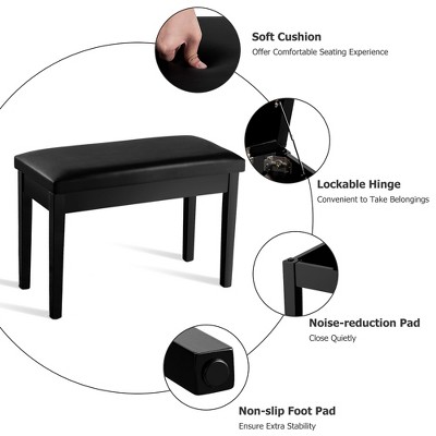 Elegant Solid Wood and Black PU Leather Double Duet Piano Bench with Storage